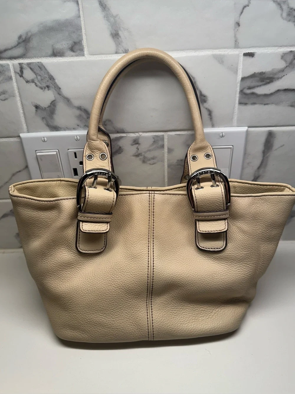 Tignanello Cream Beige Pebbled Leather Buckle Tote Handbag⁠